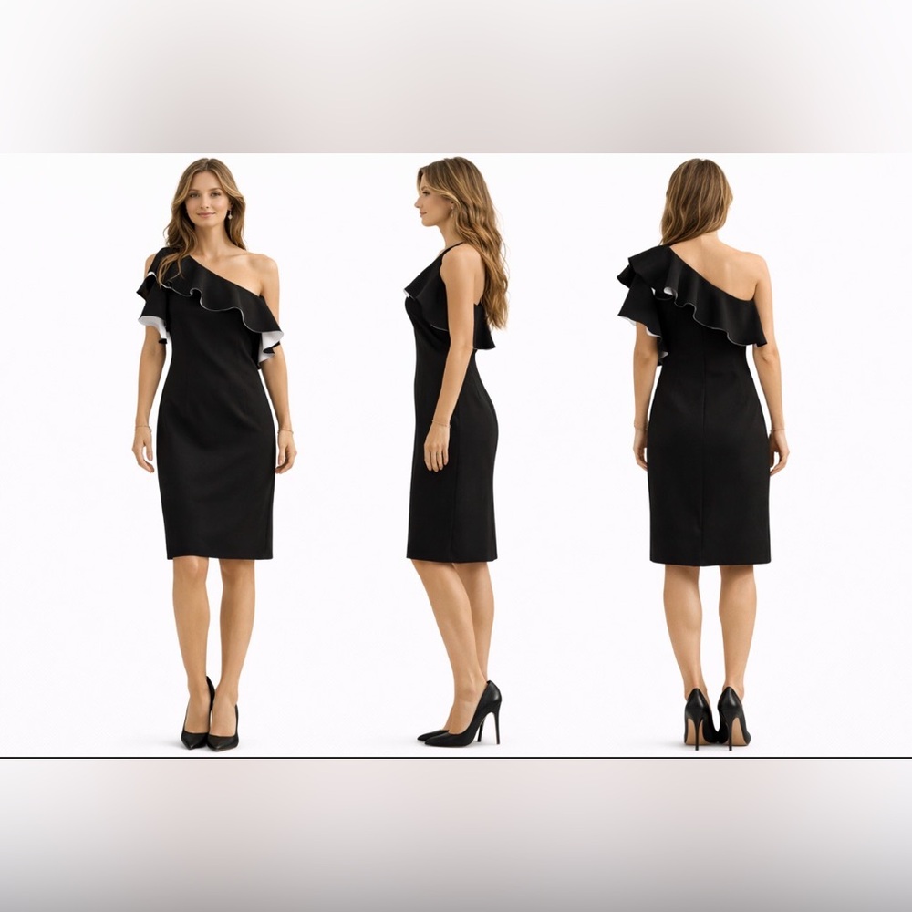 Endless Rose Dress Large Black White Ruffle One Shoulder Party Cruise NEW NWT